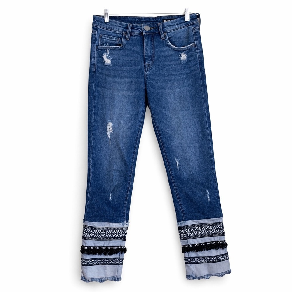 Blank NYC | Miss Molly Blue Distressed High Rise Tapered Patterned Hem Jeans 25
